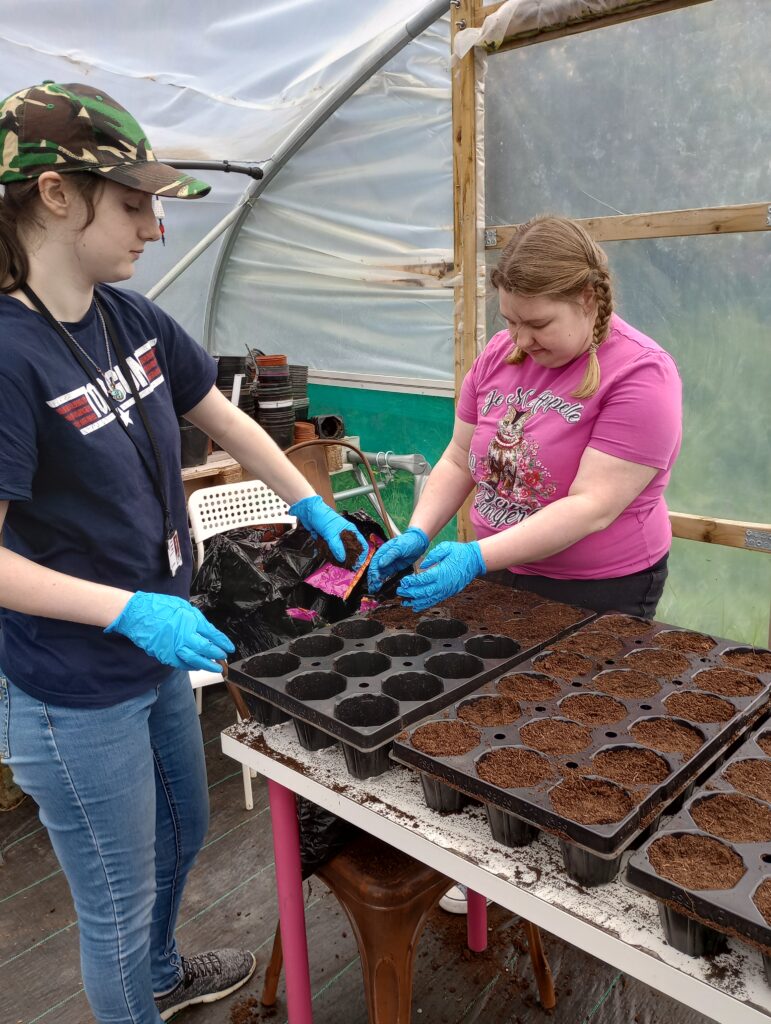 Two young women potting plants in the college polytunnel