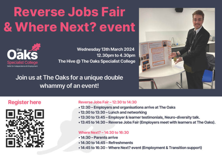 Poster providing details of the Reverse Jobs Fair & Where Next? combo event on Wednesday 13th March 2024.